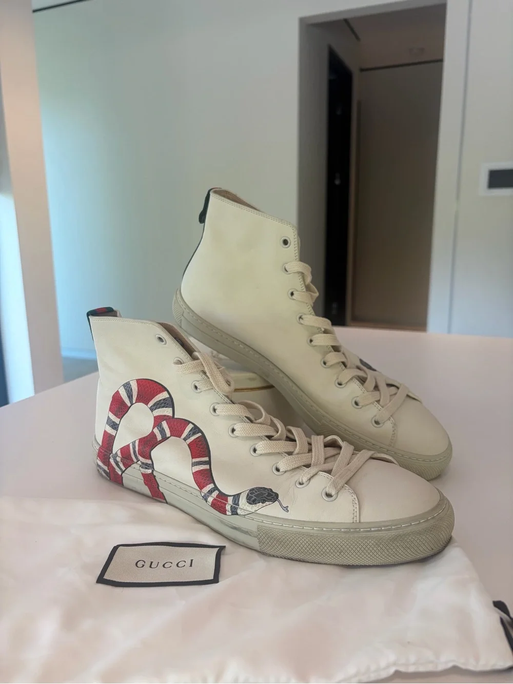 Gucci Cream Leather High-Top Sneakers with Red & Black Snake